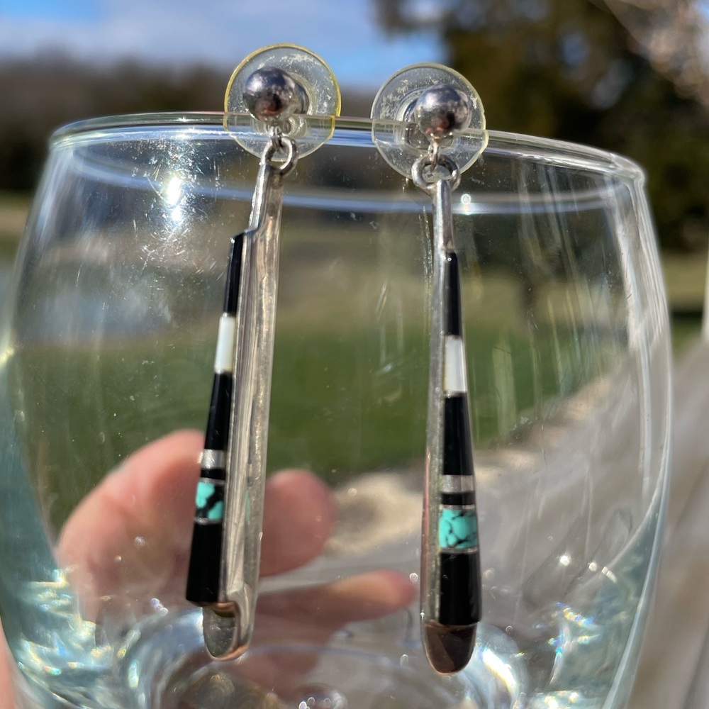Sterling silver vintage multi-stone long drop earrings, signed "Calvin"